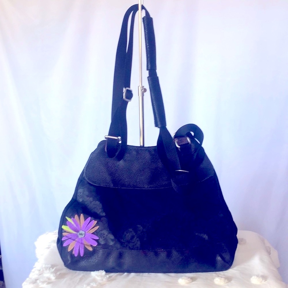 HAIKU floral black laptop satchel handbag with embroidered purple flower.